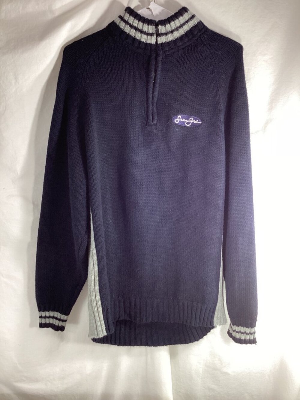 Y2K*Sean John XL Black Pullover 1/4 Zip Sweater*Striped Ribbed *Embroidered Logo